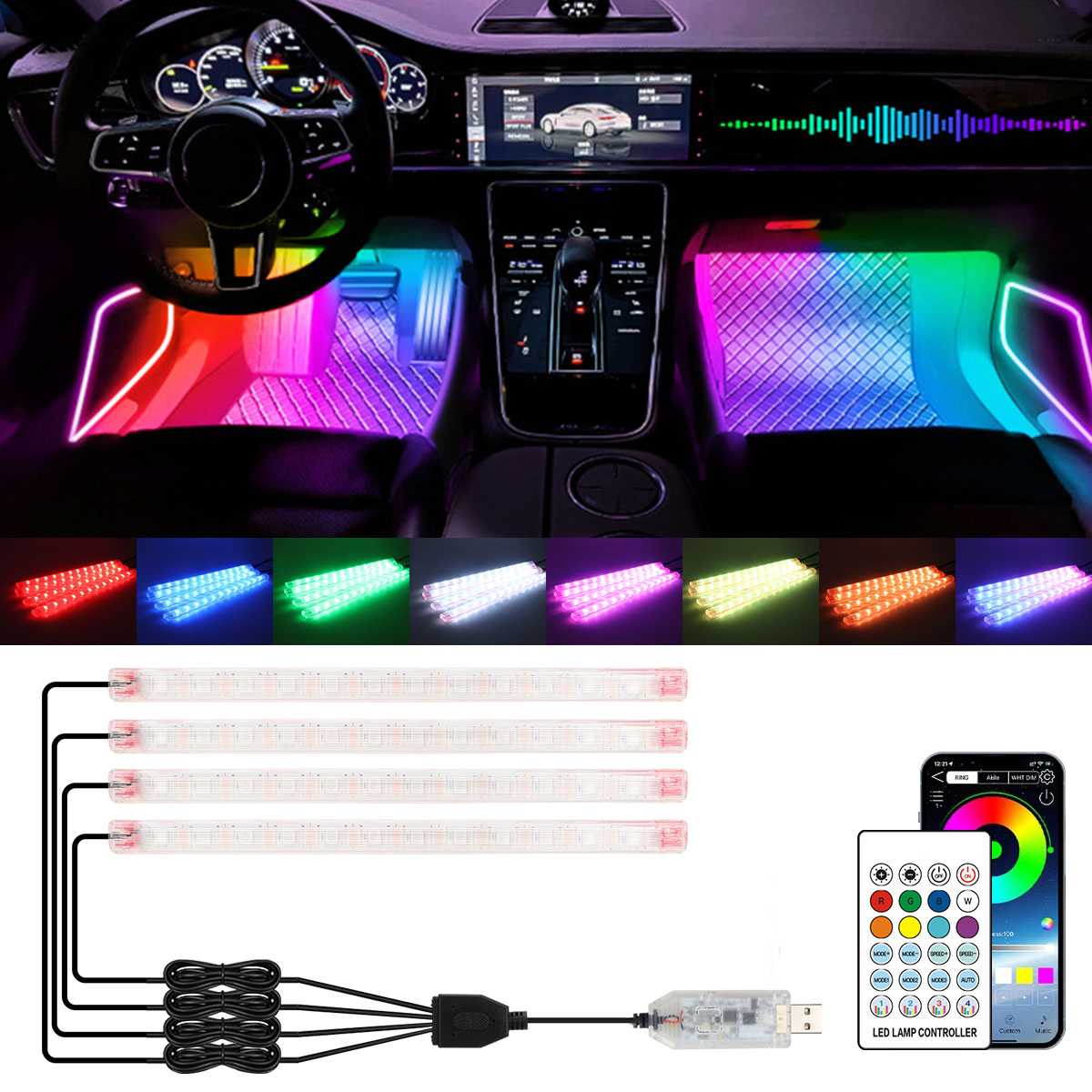 Led Ambient Interior Car Lights App Control - 2/4in1 12/18 LED RGB Regenboog Sfeer