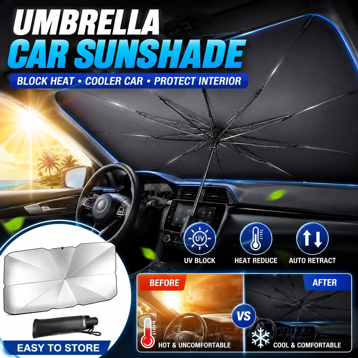Car Sunshade Windshield Umbrella Foldable - Opvouwbare autozonnescherm voorruit zonneklep zilveren coating