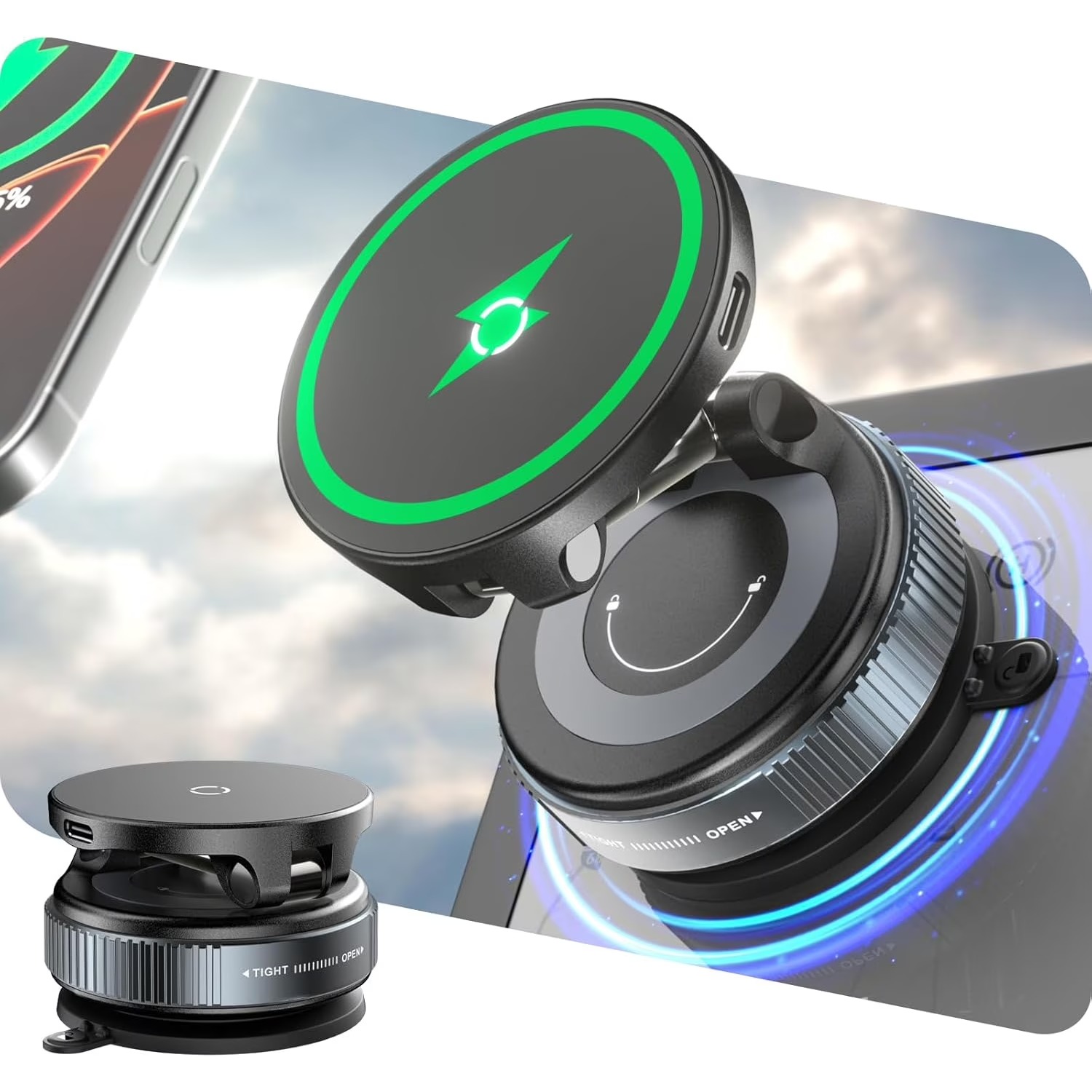 Wireless Car Charger Mount Fast Charging - 15W draadloze snellader autotelefoonhouder vacuümzuiging 360°